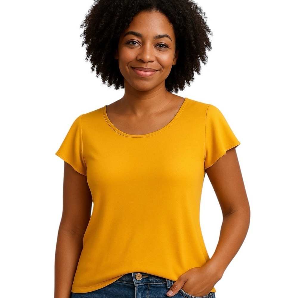 Green Envelope Medium Orange/Yellow Casual Slinky Jersey Knit Short Sleeve Shirt
